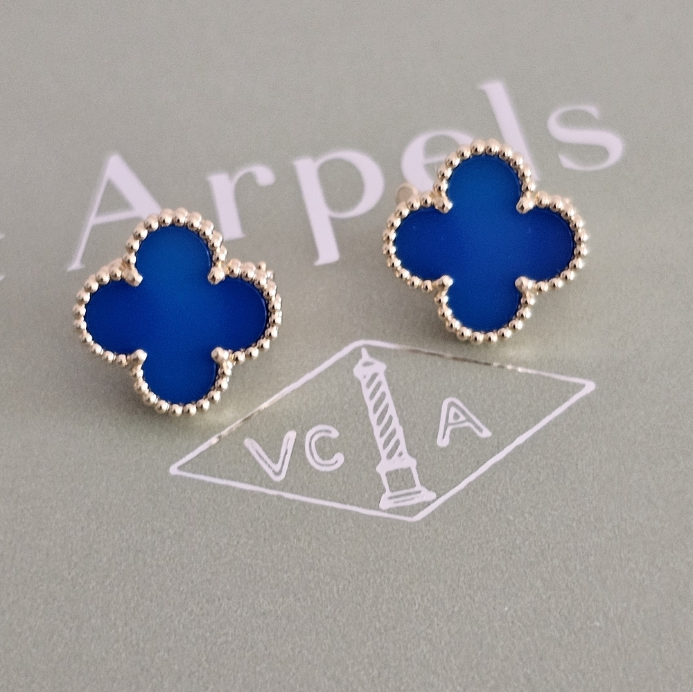 Van Cleef Vintage Alhambra Earrings, 18K Yellow Gold, Blue Agate, clip-on